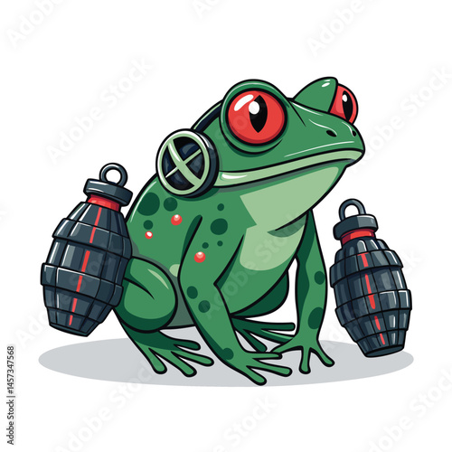 A vibrant green mutant frog, bioluminescent, wielding two cassette tape grenades. Detailed, hyperrealistic illustration.