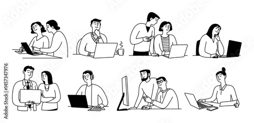 People use devices, work on laptop, computer and monitor, businessmen discuss project. Vector set isolated doodle illustration