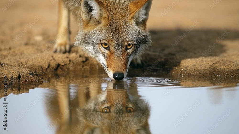 Obraz premium Coyote Drinking from a Waterhole in the Desert