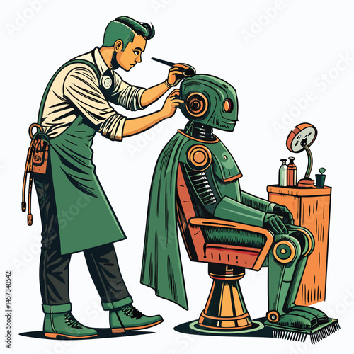 A retro-styled alien barber with vibrant green skin expertly trims the metallic hair of a vintage robot in a futuristic barbershop.