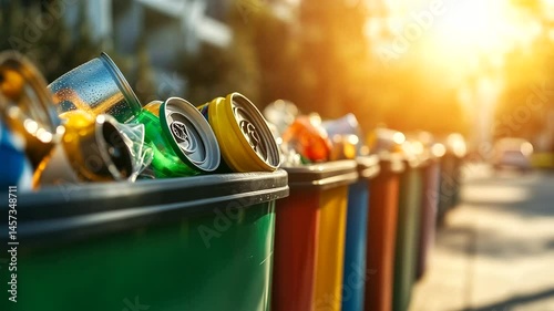 Close-up of colorful recycling containers, each brimming with correctly sorted materials. Sunlight casts sharp shadows, emphasizing clean environmental organization