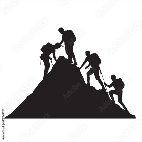 Helping friend reach the mountain top silhouette. Teamwork, together, success, victory, goal, achievement. Vector illustration concept