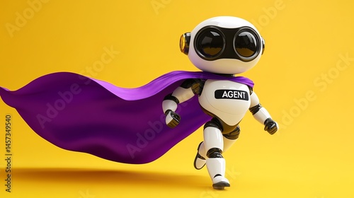A Super Agent Robot in Purple Cape Runs on Yellow Background