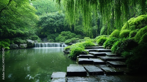 Tranquil garden waterfall with lush greenery