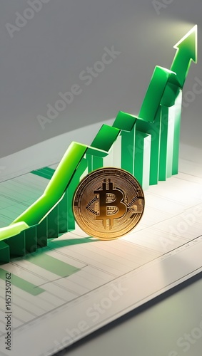 Bitcoin placed on layered paper chart mockup, with green growth curve illuminated by side light. Depicts financial upward trends4