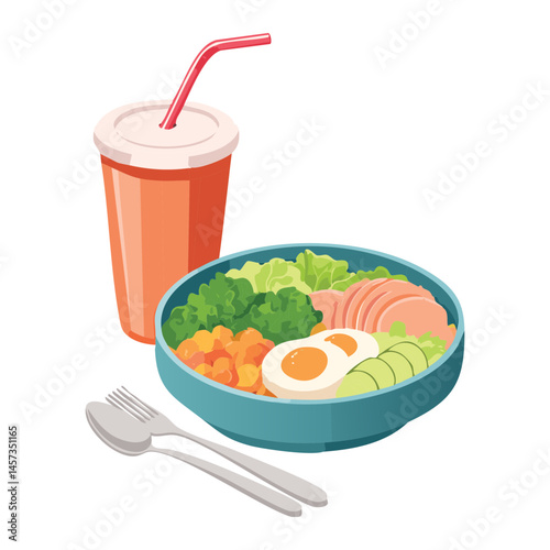 Veggie Bento Bowl with Drink - Vector Illustration
