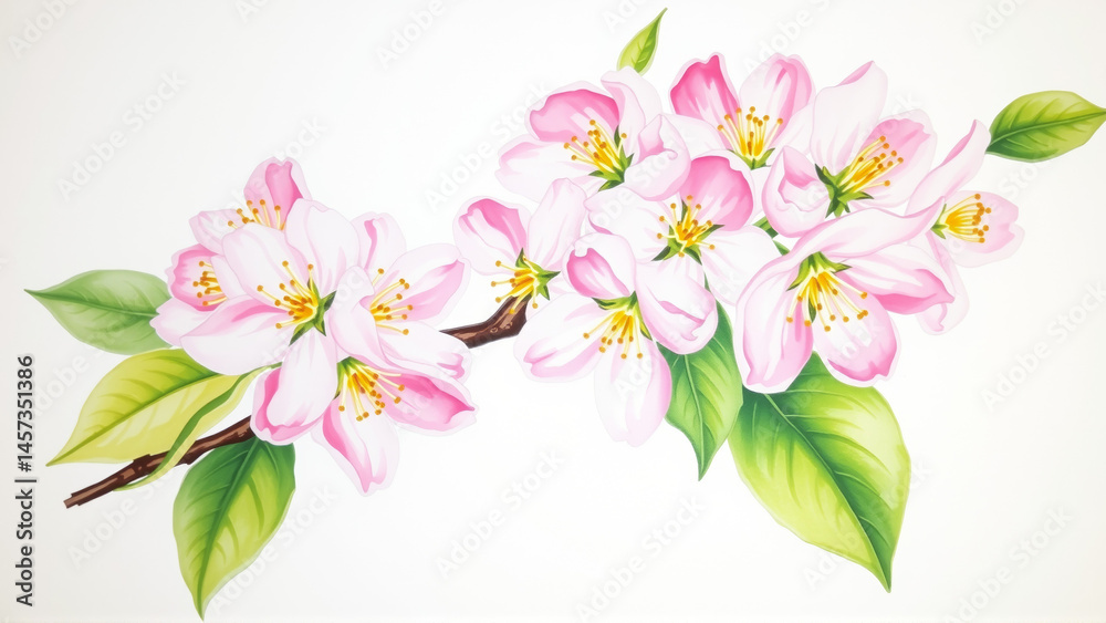 Fototapeta premium A branch of a blossoming apple tree is painted with watercolors on a white background
