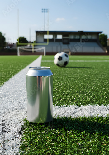 Unexpected metallic beverage standing boldly on verdant soccer field sidelines