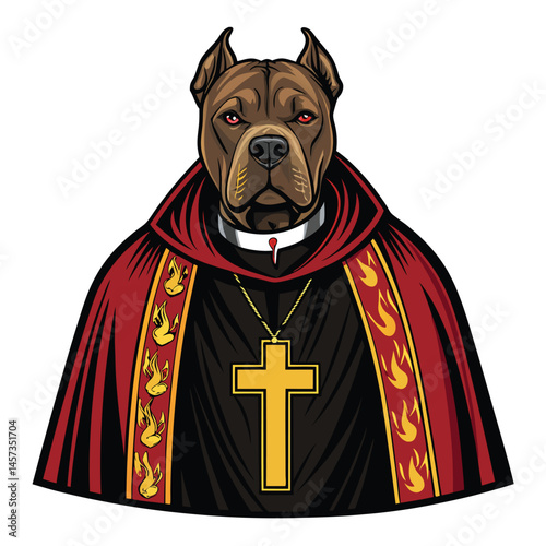 A Pitbull dog majestically attired in dark, flowing gothic priest robes, a single flickering flame illuminating its face.