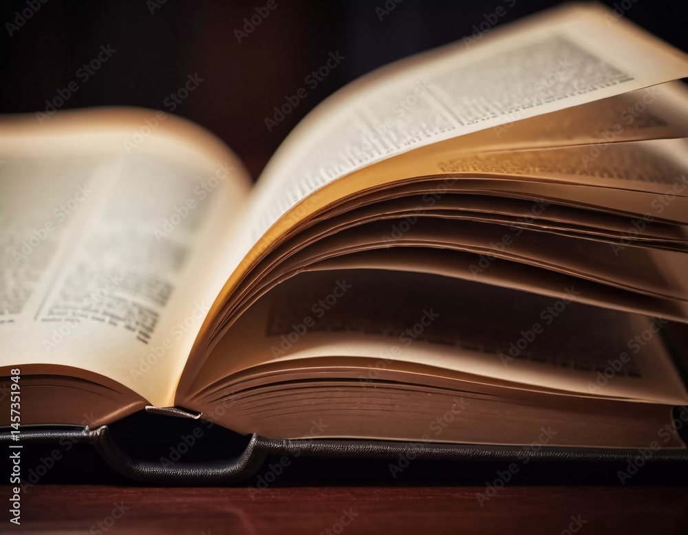 Obraz premium A well-worn book lies open, its pages fluttering as if animated by a gentle breeze. The soft glow of the ambient light enhances the rich textures of the paper, inviting exploration Generative AI