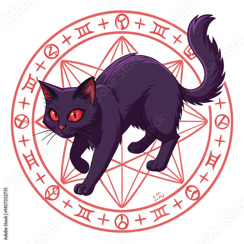A black cat, eyes glowing, levitates amidst swirling, glowing ancient runes, a halo of arcane energy surrounding it.  Demonic possession implied.