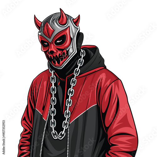 A streetwear mannequin, possessed, wearing a devil mask, detailed rendering, urban setting, dark lighting, eerie atmosphere, slightly demonic.