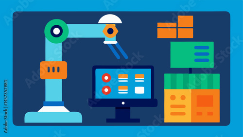 Automated Inventory Management A visualization of a digital screen displaying realtime inventory data with a robotic arm updating the information as it replaces a stock item.