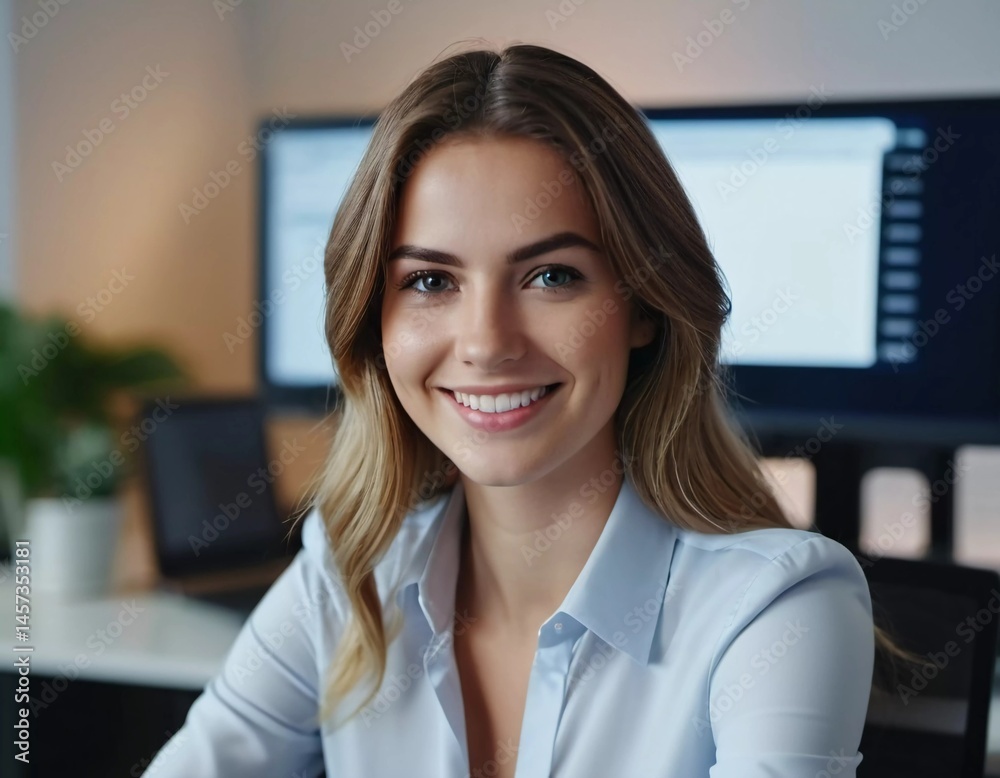 Obraz premium With a warm smile, a professional woman sits comfortably in her stylish office, surrounded by technology and greenery, embodying success and confidence in her freelance career Generative AI