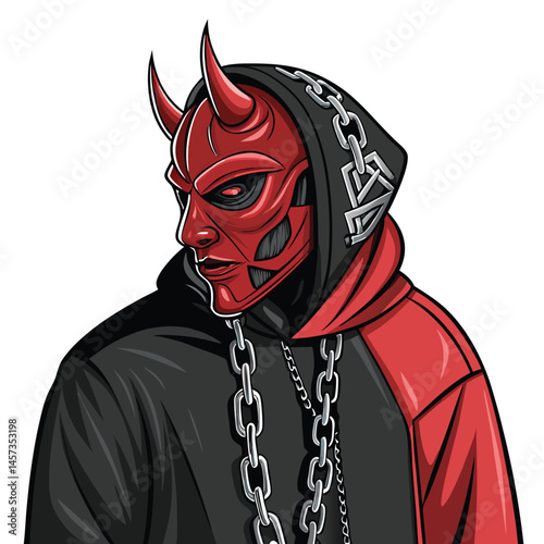 A streetwear mannequin, possessed, wearing a demonic mask; dark, gritty aesthetic.  Focus on detailed textures of clothing and mask.