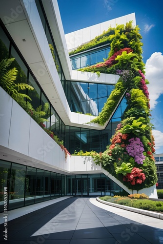Vibrant green wall adorns modern building. Eco-friendly architecture.