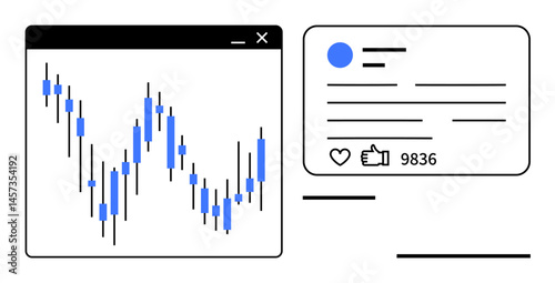 Stock market candlestick chart with social post analytics including thumbs ups and profile details. Ideal for finance, social media, online marketing, analytics, technology, blogging, simple landing