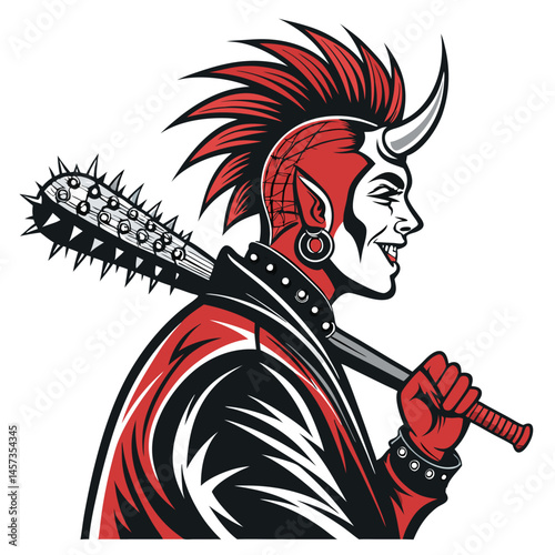 A rebellious punk devil, crimson skin, vibrant red mohawk, wielding a spiked bat, rendered in sharp black and red tones.