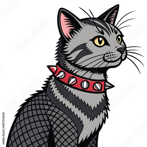 Create a digital painting of a punk goth cat; its fur features a fishnet pattern, and it has multiple piercings.  Show a rebellious attitude.