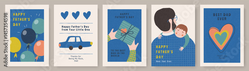 Set of colorful Father's Day greeting cards with festive illustrations, heartfelt messages, and playful design elements like balloons, toy car, heart, gift, and family scenes. Modern lustration