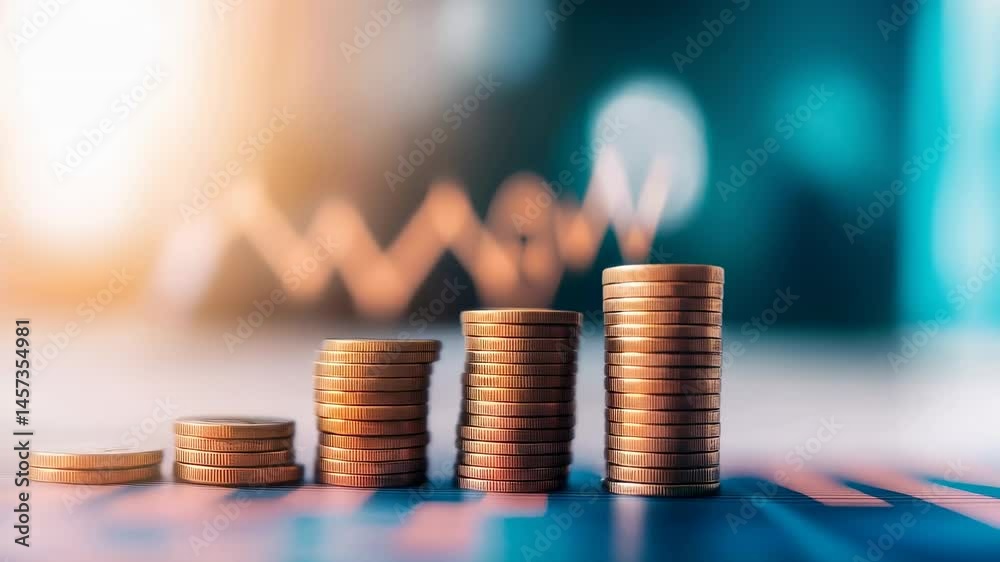 Growing financial coins stacking upward on blurred chart background, representing investment growth and economic advancement