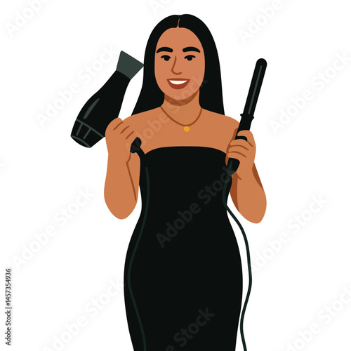 Smiling Woman Holding Hair Dryer and Curling Iron Illustration