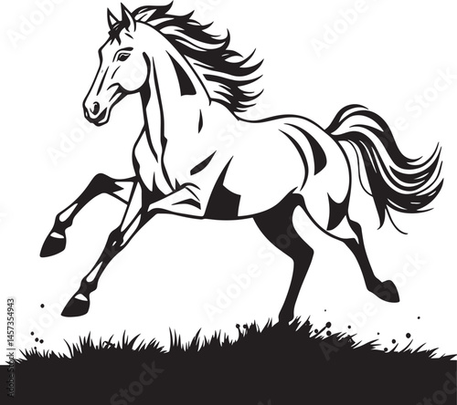 Running horse silhouette with flowing mane in motion for freedom strength energy and wild nature designs