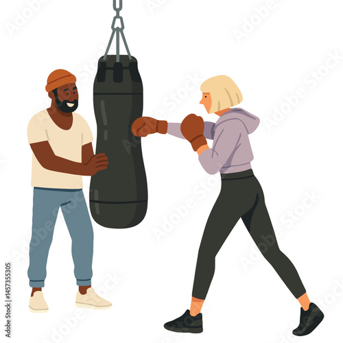 Woman Boxing with Trainer Holding Punching Bag Illustration