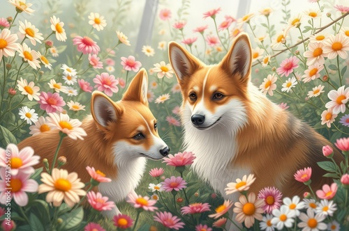 Corgis in a Whimsical Flower Garden