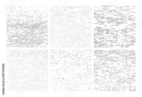 Set of grunge textures with varying density and noise. Monochrome abstract backgrounds for overlays and design elements.