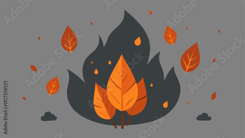 Ash and Leaves Fallen leaves covered in ash with small flames in the background to depict the aftermath of a wildfire sparked by climate change.