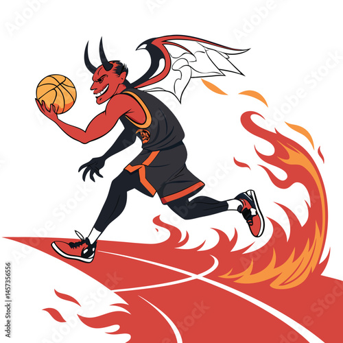 A fiery red demon, horns ablaze, dribbles a flaming basketball on a court engulfed in flames.  Intense, dramatic lighting.