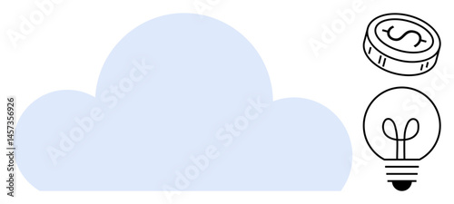 Blue cloud alongside coin and light bulb, symbolizing finance, innovation, and cloud technology. Ideal for concepts thumbs up economy, creativity, tech, growth, startups saving flat simple metaphor