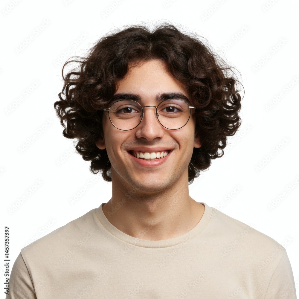 Fototapeta premium A smiling young man with curly hair and glasses looks directly at the camera with confidence.