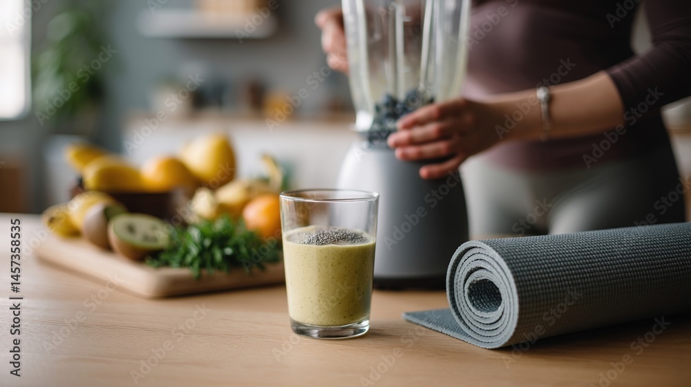 A home kitchen with a person preparing a postworkout smoothie blending fresh fruits and greens while a yoga mat lies rolled up on the floor nearby.