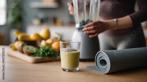 Obraz na płótnie A home kitchen with a person preparing a postworkout smoothie blending fresh fruits and greens while a yoga mat lies rolled up on the floor nearby. w salonie