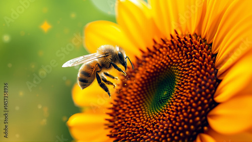 A honey bee gets nectar from a sunflower flower