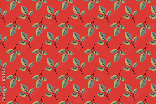 Vibrant red background adorned with a repeating pattern of stylized teal and gold leaves.  Perfect for textile design, wallpaper, or any project needing a natureinspired, minimalist aesthetic.