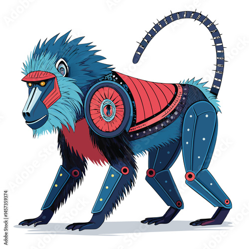 Cyberpunk robotic baboon, glitching tail, spiked shoulders, metallic fur, neon eyes, futuristic jungle setting.
