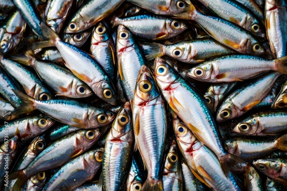 Obraz premium Freshly caught sardines, view from above, showcasing their shiny scales and colors
