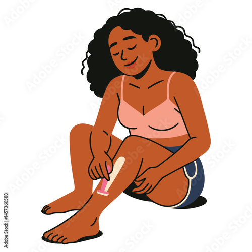Woman Shaving Legs with Razor While Sitting on Floor Illustration