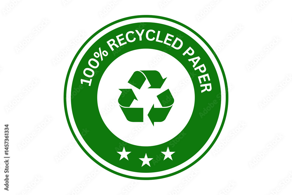 green recycle symbol, 100% recycled paper stamp, lebel, icon, tag, sign, Recycled Paper vector stamp for paper packaging and boxes.