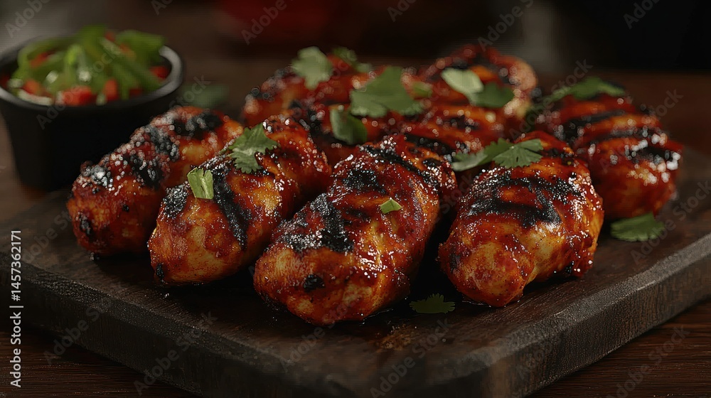 Grilled chicken sausages, charred and glazed, served on a wooden board with cilantro garnish Grilled chicken sausages, charred and glazed, served on a wooden board with cilantro garnish
