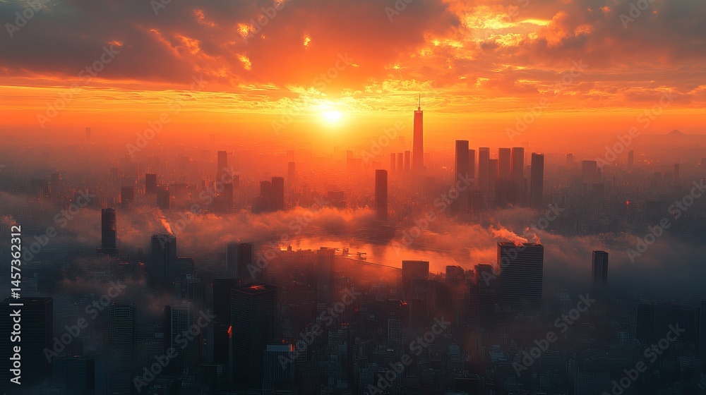 Fototapeta premium Stunning Cityscape Sunrise Dramatic Orange Sky Golden Hour Urban Skyline Modern Architecture Highrise Buildings Misty Cityscape Breathtaking View City