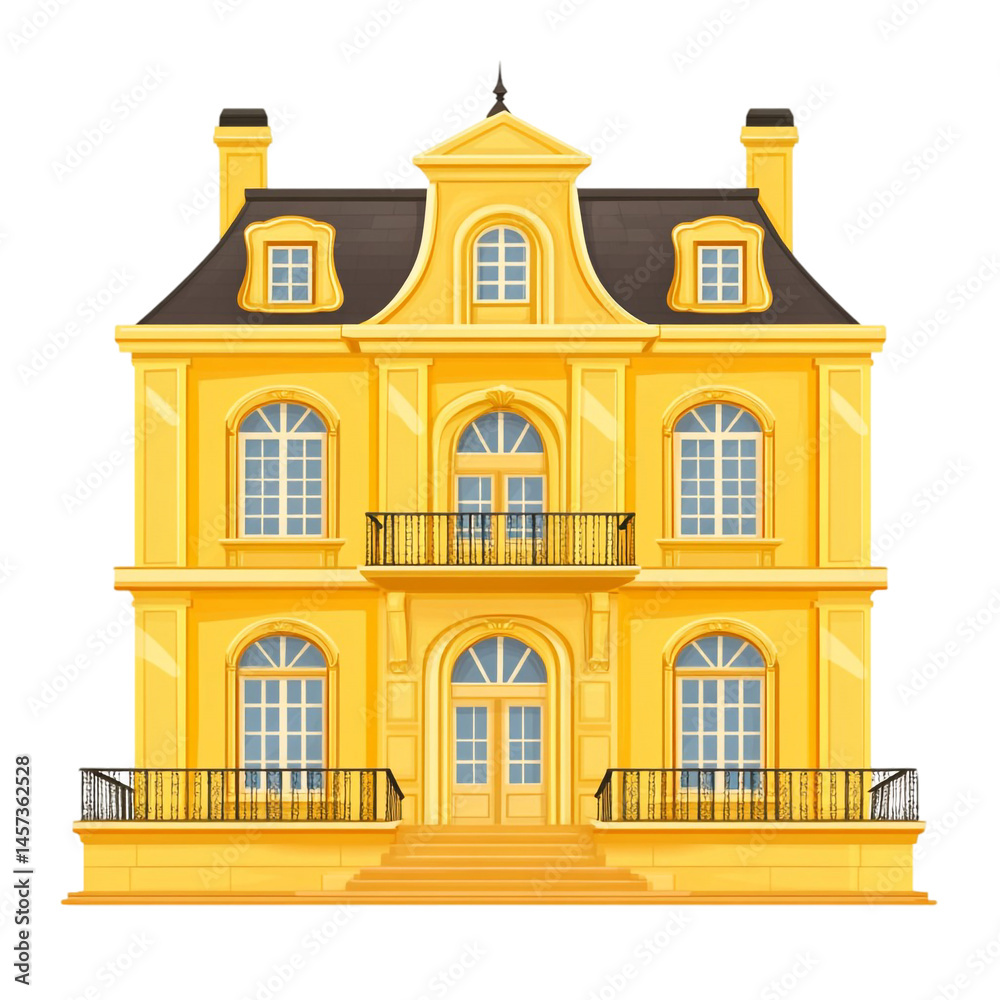Fototapeta premium Grand yellow mansion elegant home stylish architecture beautiful building luxury residence dream house two stories tall windows balconies stairs