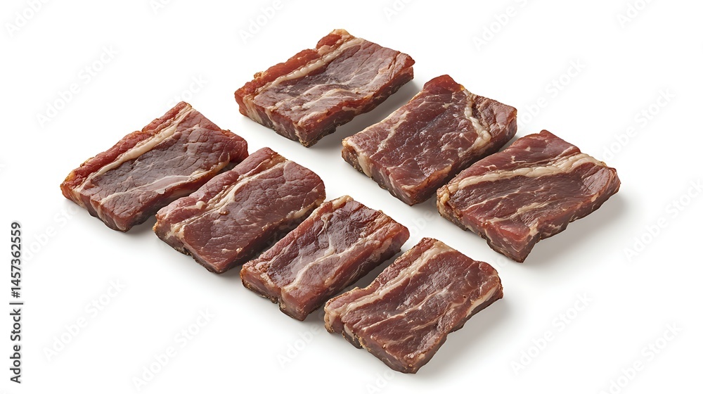 Six pieces of crispy bacon arranged in two pairs isolated on a white background Six pieces of crispy bacon arranged in two pairs isolated on a white background