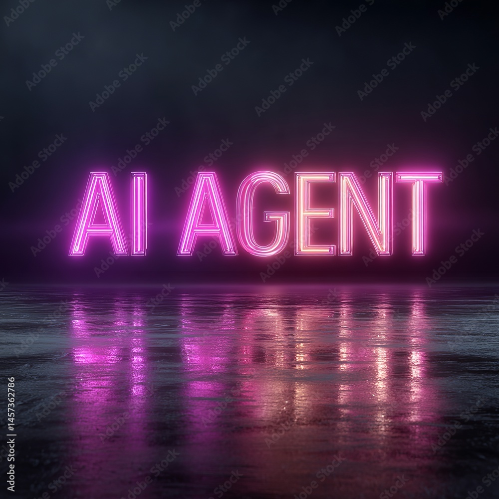 Obraz premium AI Agent Neon Sign Reflecting on Dark Wet Surface Futuristic Technology Concept