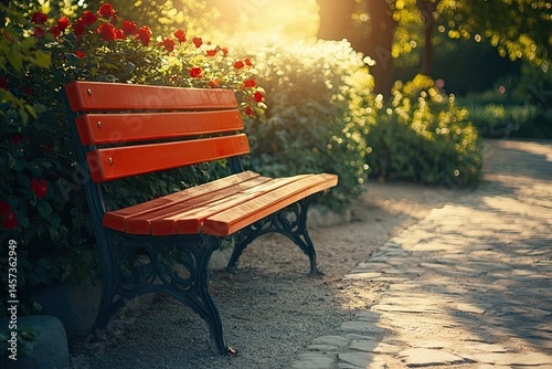Red park bench bathed in sunlight, surrounded by vibrant rose bushes photo