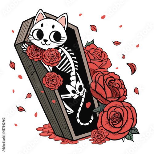A skeletal cat, adorned with gothic roses, dramatically rises from a decaying coffin, moonlight illuminating the scene.  Create a dark, atmospheric image.