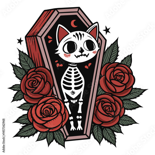A gothic-style skeletal cat dramatically rises from an ornate coffin, moonlight illuminating its bony form.  Focus on detailed skeletal structure and coffin design.